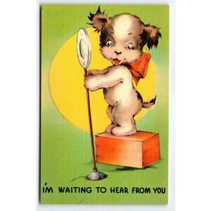 I'm Waiting to Hear from You! Cute Puppy Dog Standing Microphone Linen Postcard